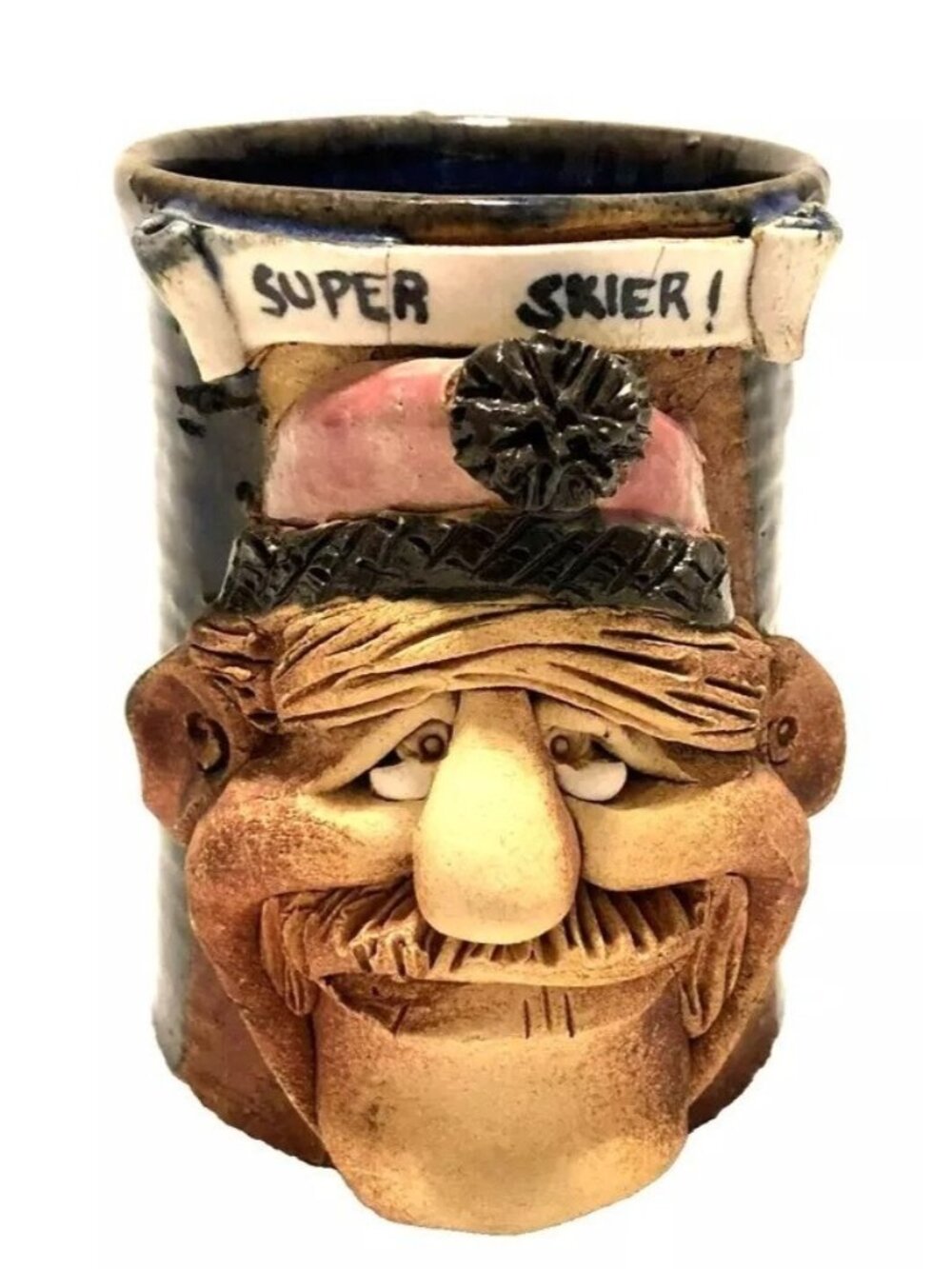 Ugly Face Coffe Mug Super Skier 3D Pottery Signed McAllister 1992 4.5" Tall